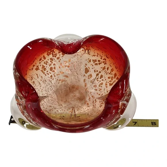 Murano Venetian Art Glass Bowl Hand Blown Red And Gold Flecks Italy MCM Vintage - Picture 16 of 16